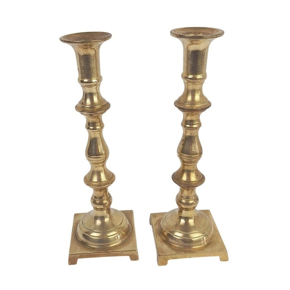 Vintage Solid‎ Brass Candlestick Holders Pair Square Base Made in Hong Kong 7in